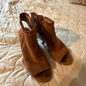 Sofft Tan Suede Peep-Toe Ankle Booties
